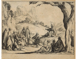 Christ seating on rock by tree, preaching to the apostles. Plate four from New Testament series of 10.