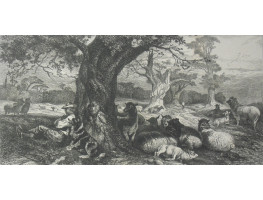 'The Park'. Shepherd and dog sitting by tree trunk, with flock of sheep in parkland.