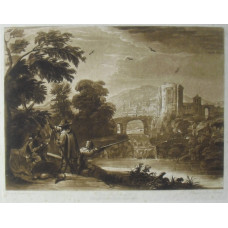 Landscape with Huntsman and Artist. Beauties of Claude 8. Two men shooting across river, artist sitting on rock, town in distance, by John Bromley [1778-1855].