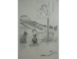 'The Pious Mistake'. Girl kneeling in prayer to poster by Mucha, dog beside her, near railway .