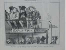 L'Exposition Universelle. No. 31 'Exposition en plein vent des provinciaux venus a Paris pour voir le Palais de l'industrie'. Passengers on open upper floor of omnibus turning to stare.