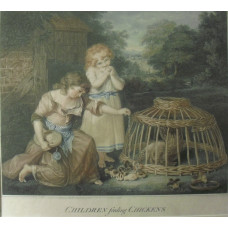 'Children feeding Chickens' Two girls outside cottage feeding chicks the mother hen in basket coop after John Russell [1745-1806].