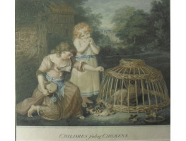 'Children feeding Chickens' Two girls outside cottage feeding chicks the mother hen in basket coop after John Russell [1745-1806].