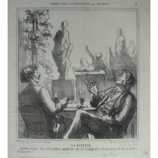 Croquis Pris a L'Exposition No. 5. 'La Buvette Rendez-vous des veritables amateurs de la Sculpture Francaise et de la biere de Baviere' Two men seated at table by sculptures.