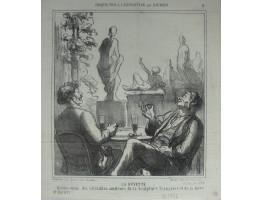Croquis Pris a L'Exposition No. 5. 'La Buvette Rendez-vous des veritables amateurs de la Sculpture Francaise et de la biere de Baviere' Two men seated at table by sculptures.