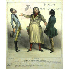 'Bureau de Remplacements Militaires'  Plate 28 from the 'Album Caricaturana'. Robert Macaire organising a substitute to serve in the army.