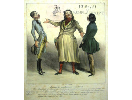 'Bureau de Remplacements Militaires'  Plate 28 from the 'Album Caricaturana'. Robert Macaire organising a substitute to serve in the army.