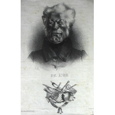 'De L'Or'. Head and shoulders caricature of Baron Delort, with mock coat of arms below