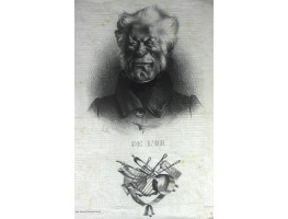'De L'Or'. Head and shoulders caricature of Baron Delort, with mock coat of arms below