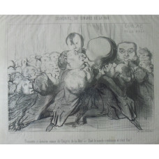 Souvenirs du Congres de la Paix. No. 3. 'Troisieme et Derniere Seance du Congres de la Paix - Tout Le Monde s'embrasse et c'est fini!' Men with over-sized heads rush to kiss Victor Hugo.