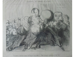 Souvenirs du Congres de la Paix. No. 3. 'Troisieme et Derniere Seance du Congres de la Paix - Tout Le Monde s'embrasse et c'est fini!' Men with over-sized heads rush to kiss Victor Hugo.