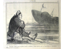 Actualites No.479. 'Passager ayant paye sa place pour se rendre a New-Yorck, sur le Leviathan, et attendant la nise a l'eau du navire !'. Man watches liner being launched.