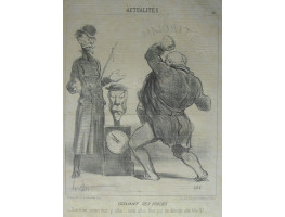 Actualites No.183. 'Essayant Ses Forces - Sacrebleu, comme vous y allez . . . vous allez finir par me demolir cette tete la'. Man attacking bust of Faucher.