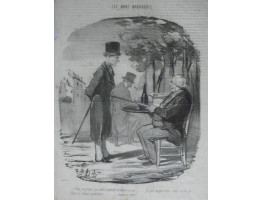 Les Bons Bourgeois. No. 81 ' Vous ne prenez pas votre bouteille de bierre ce soir . . .  je vois ce que c'est, vous sortez de diner en cabinet particulier . . . mauvais sujet!' Old man sitting points stick at standing man.