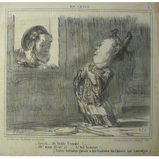 En Chine No. 5. 'Cristi . . . la belle femme! . . . - Oh! mon dieur je . . . le bel homme! (Cette derniere phrase a ete traduite du Chinois par Lassagne)'. Head of European man peering through window at Chinese woman.