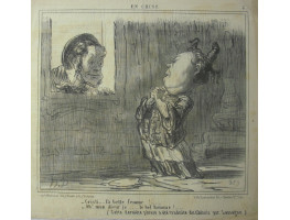 En Chine No. 5. 'Cristi . . . la belle femme! . . . - Oh! mon dieur je . . . le bel homme! (Cette derniere phrase a ete traduite du Chinois par Lassagne)'. Head of European man peering through window at Chinese woman.