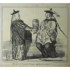 En Chine No. 21. 'Dire que c'est la ce que les Francais appellent des chinois!'. A Chinaman presenting a jar of 'Chinois' sweets to another.