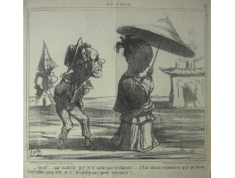 En Chine No. 27. 'Cristi! . . . que malheur que je n'sache pas le chinois . . . j'lui dirais volontiers que' qu' chose d'agreable pour elle et d' desobligeant pour son mari.' Sailor following Chinese woman under parasol.