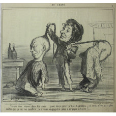 En Chine No. 6. 'Voyons donc, voyons donc  les amis . . . pour deux pauv' p'tities bouteilles . . . si vous n'etes pas plus solides que ca sur vos jambes. . .  je n'vous engagerai plus a m'payer a boire! European man tying together the pigtails of two Chi