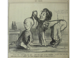 En Chine No. 6. 'Voyons donc, voyons donc  les amis . . . pour deux pauv' p'tities bouteilles . . . si vous n'etes pas plus solides que ca sur vos jambes. . .  je n'vous engagerai plus a m'payer a boire! European man tying together the pigtails of two Chi