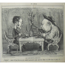 En Chine No. 7. 'Les Fourchettes Chinoises .Diable! . . . mais il faut etre un tres habile batonniste pour pouvoir diner en ville dans ce pays-ci' Fat Chineseman and thin European share a meal.