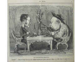 En Chine No. 7. 'Les Fourchettes Chinoises .Diable! . . . mais il faut etre un tres habile batonniste pour pouvoir diner en ville dans ce pays-ci' Fat Chineseman and thin European share a meal.