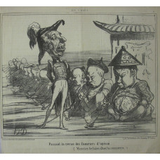 En Chine No. 3. 'Passant la revue des fumeurs d'opium. (Histoire de faire aller le commerce)' Officer walking past a line of opium smokers.