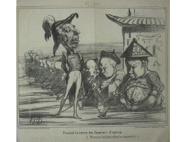 En Chine No. 3. 'Passant la revue des fumeurs d'opium. (Histoire de faire aller le commerce)' Officer walking past a line of opium smokers.