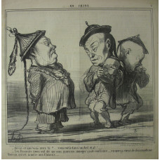 En Chine No. 9. 'Qu'est-ce que vous avez la? . . . vous voil dans un bel etat! . . . -Les Francais nous ont dit que nous pouvions manger ca de confiance . . . vu que ca vient de chez madame Moreau, que est la mere aux Chinois' Chinese man holding jar of s