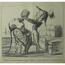 En Chine No. 6. 'Profitant de la circonstance pour engager les Chinois a se payer pour deux cent millions d'opium' Officer pouring opium down a Chinaman's throat.