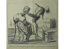 En Chine No. 6. 'Profitant de la circonstance pour engager les Chinois a se payer pour deux cent millions d'opium' Officer pouring opium down a Chinaman's throat.