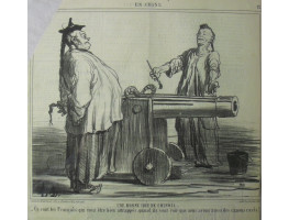 En Chine No. 12. 'Une Bonne Idee de Chinois. Ce sont les Francais qui vont etre bien attrappes, quand ils vont voir que nous avons aussi des canons rayes!'  Chinese man showing rifled canon.