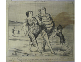 Croquis Aquatiques No.2. 'Madame Prudhomme, ne nous pressons pas, ne nous presson pas, rappelons-nous que la dignite doit presider a tous les actes de notre vie . . . la dignite seule, distingue l'homme du reste des animaux!' Family in bathing suits walki