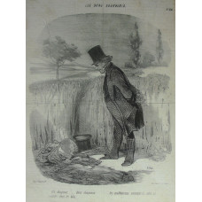 Les Bons Bourgeois. No. 34 'Un Chapeau . . . deux chapeaux les malheureux seraient ils alles se suicider dans les bles!' Man looks at two hats abandoned on edge of wheat field.