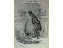 Les Bons Bourgeois. No. 34 'Un Chapeau . . . deux chapeaux les malheureux seraient ils alles se suicider dans les bles!' Man looks at two hats abandoned on edge of wheat field.