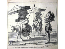 En Chine No. 2. 'En v'la de droles de guerriers, ils ne songent a combattre que le soleil!' Two Chinamen riding horses holding parasols.