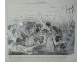 Les Baigneurs. No. 3 'La Seine est une riviere qui prend sa source dans le Departement de la Cote d'Or, et va se perdre dans la Manche. Elle traverse Paris: les habitans de cette Cite, se derobant aux feux de l'ete viennent chercher la fraicheur et la pur