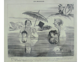 Les Baigneurs. No. 4 'Mme Greluche: Oh Gustave, qu'elle est bonne! une vraie chaleur d'amour! regarde-le notre fils Loulou; la jolie petite figure qu'il fait ! - Mr. Greluche: Et Pyrame! il a une peur . . . de Chien! Si tu savais ce qu'il fait le petit ca