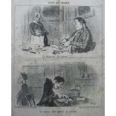 Paris Qui Mange. No. 1 'Le dejeuner du patron. Le sixieme clerc prenant sa pitance salle des pas perdus. Two cartoons on sheet.