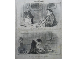 Paris Qui Mange. No. 1 'Le dejeuner du patron. Le sixieme clerc prenant sa pitance salle des pas perdus. Two cartoons on sheet.