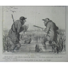 Emotions de Chasse. No. 3 'La Chasse au Marais. Quelle Chance! . . . voila enfin les canards qui arrivent . . . tirez pendant que je me mouche! . . . satane rhume de cerveau! . . . - Allons bon . . . je ne peux pas faire aller la gachette de mon fusil . .