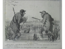 Emotions de Chasse. No. 3 'La Chasse au Marais. Quelle Chance! . . . voila enfin les canards qui arrivent . . . tirez pendant que je me mouche! . . . satane rhume de cerveau! . . . - Allons bon . . . je ne peux pas faire aller la gachette de mon fusil . .