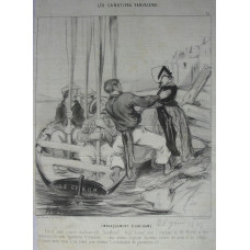 Les Canotiers Parisiens. No. 15. 'Embarquement d'une Dame' Woman getting into rowing boat, boatmen holding oars vertically.