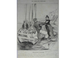 Les Canotiers Parisiens. No. 15. 'Embarquement d'une Dame' Woman getting into rowing boat, boatmen holding oars vertically.