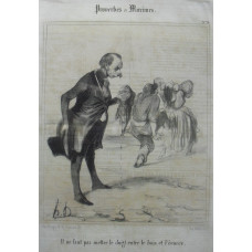 Proverbes et Maximes. No. 10. 'Il ne faut pas mettre le doigt entre le bois et l'ecorce.' Man has received a bloody nose for intervening as a man beats up his wife.