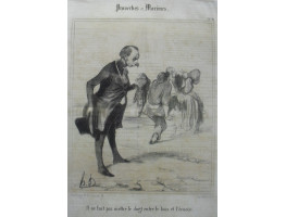 Proverbes et Maximes. No. 10. 'Il ne faut pas mettre le doigt entre le bois et l'ecorce.' Man has received a bloody nose for intervening as a man beats up his wife.