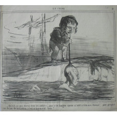 En Chine No. 3. 'Qu est-ce qui disent donc les autres . . . que c'te longue queue n'sert a rien aux Chinois! . . . pour prendre une lecon de natation, c'est cranement bon!' Sailor holding Chinaman by pigtail as he learns to swim.