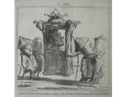 En Chine No. 22. 'Je voudrais pouvoir me faire promener comme ca dans les rues de Brest. on m'prendrait pour un mandarin!' Sailor in sedan chair carried by Chinesemen.