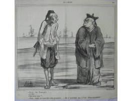 En Chine No. 24. 'Voici les Francais! . . . -Je file . . . - Vous avez peur? -Non . . . mais je veux etre tres grossier . . . en n'assistant pas a leur debarquement.' Two Chinamen talking as French fleet arrive.