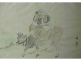 Man riding buffalo.